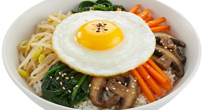 Sonniges Ei bedeckt farbenfrohes Bibimbap Reisgericht. AI Generated