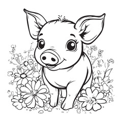 Cute Pig in Grass with Flowers Line Art vector silhouette