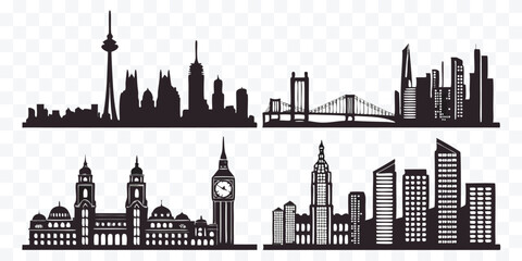 Fototapeta premium Cityscape Silhouettes Vector Set Featuring Famous Landmarks and Modern Architecture Design Elements with High Rises and Iconic Structures