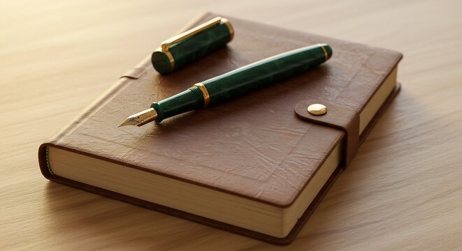 Elegantes Notizbuch liegt sanft im warmen Licht zwei edle Federhalter ruhen darauf. AI Generated