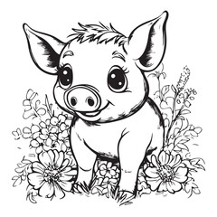 Cute Pig in Grass with Flowers Line Art vector silhouette