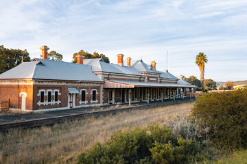 The disused Mudgee Railway Station with tracks overgrown by wild grass