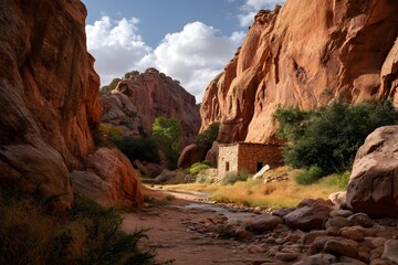 Quiet Canyon with Red Rock Formations and Small Waterfall for Tranquil Hiking Views