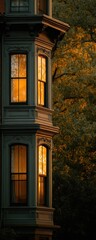 A corner building facade with warm-lit windows, autumnal background