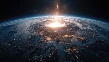 Earth from space, sunrise over a crater