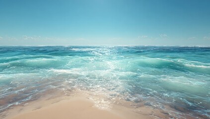 Ocean waves lapping at a sandy shore under a vibrant sky