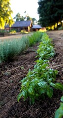 Rows of fresh basil seedlings in a garden bed