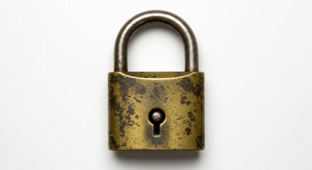 Vintage Brass Padlock with Tarnished Texture and Keyhole Security for Safety and Protection Conceptual Image Isolated on White Background