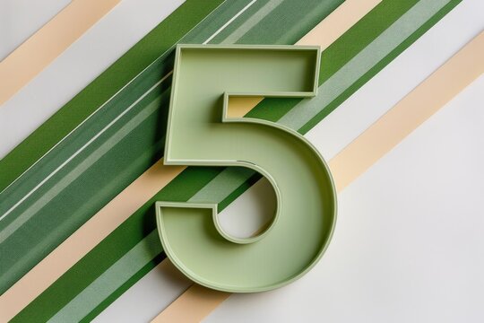 Green number five on striped background, celebration, flat lay, design element