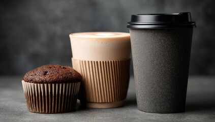 Latte, coffee, and muffin on a gray surface