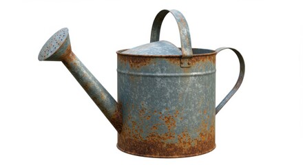 Vintage Galvanized Watering Can with Rustic Patina Isolated on White Background Garden Tool Photography Ideal for Gardening and Outdoor Themes