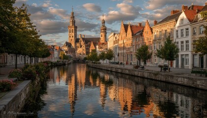 Canal town, golden light, historic buildings