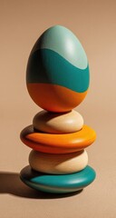 Colorful painted egg atop stacked smooth stones