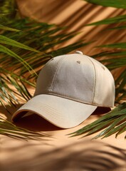Beige baseball cap on beige surface with palm leaves