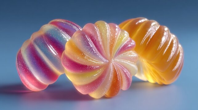 Three colorful, sculpted candies