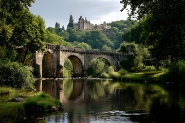 Fototapeta premium Majestic stone bridge spanning tranquil river with vibrant seasonal foliage on both sides