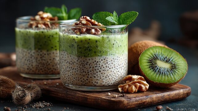Two layered kiwi chia seed pudding parfaits, garnished with walnuts and mint