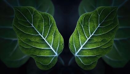 Close-up of two symmetrical leaves, vibrant green, highlighted veins