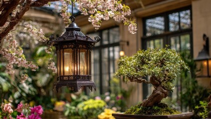 Ornamental lantern, cherry blossoms, bonsai tree, enclosed garden