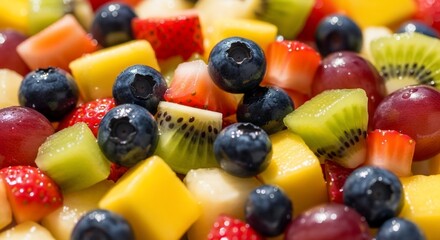 Vibrant Fruit Salad: Mango, Strawberries, Blueberries, Kiwi, and Grapes