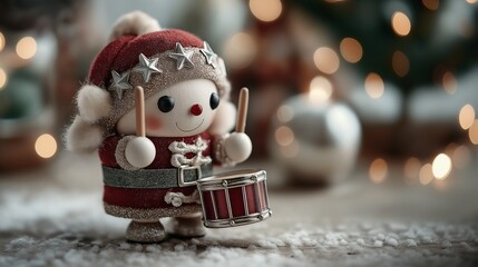 Festive Drummer Ornament dressed in red. A Christmas Delight and bokeh background.