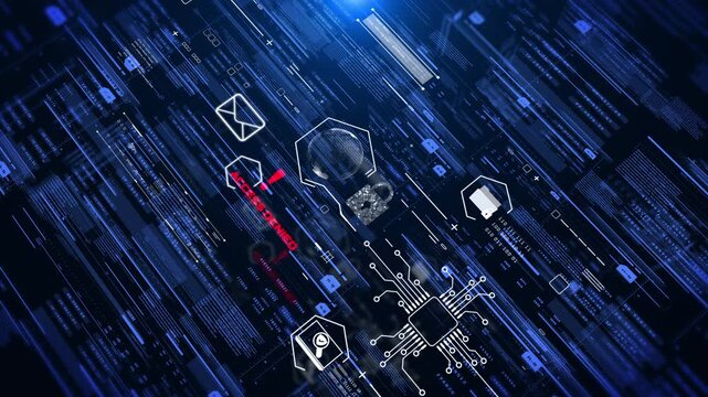 Cyber security of a futuristic digital data network. Featuring a vibrant blue color, the visual encapsulates the essence of advanced data protection and the seamless flow of information 4K motion