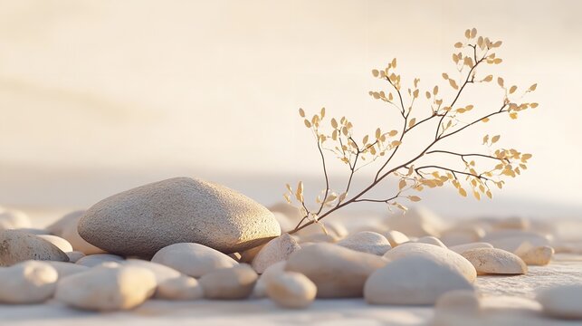 Hope blooms anew as golden leaves dance on a branch amidst smooth stones a symbol of resilience and new beginnings in a