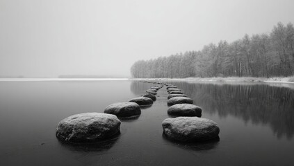 Snowy stones path across a still lake