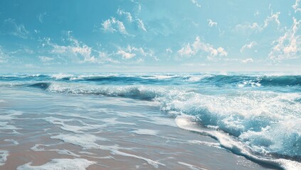 Wide shot of a beach with waves crashing on shore, bright blue sky with clouds