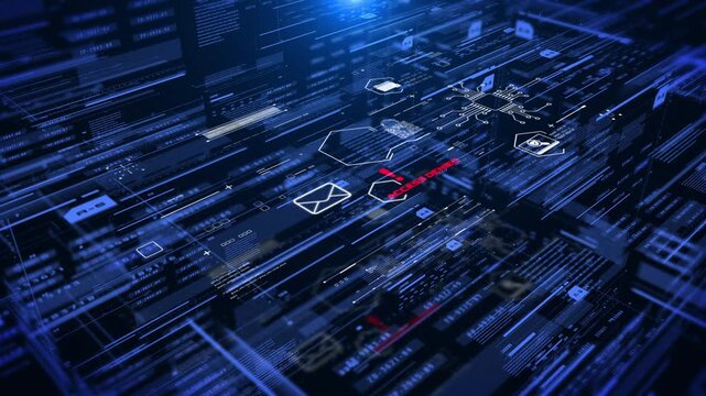 The intricate network of lines and nodes symbolizes the complexity cybersecurity systems, making it an ideal representation for tech companies, cybersecurity firms, top perspective view 4K motion