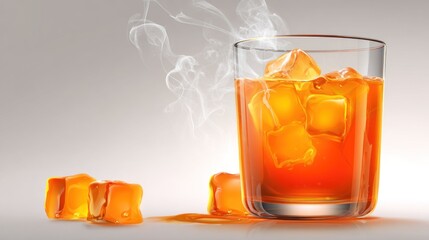 Glass of orange drink with ice and smoke