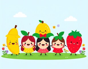 Fototapeta premium Set of happy kids fruit character vector collection. Illustration of character poses using 