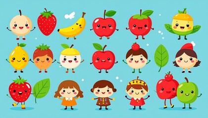 Set of happy kids fruit character vector collection. Illustration of character poses using 