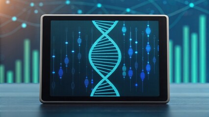 Digital Tablet Displaying Glowing DNA Helix Visualization on Screen