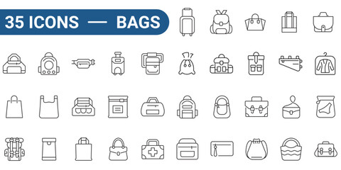 Thirty five line art bag icons suitable for fashion websites, shopping apps, and accessory product designs, showcasing various bag types. outline collection. editable stroke