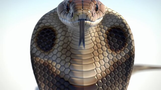 Close Up of an Alert Indian Cobra With Hood Flared Against Clean White Background Displaying Intricate Scale Patterns and Mesmerizing Hood Markings Perfect for Nature and Wildlife Education and