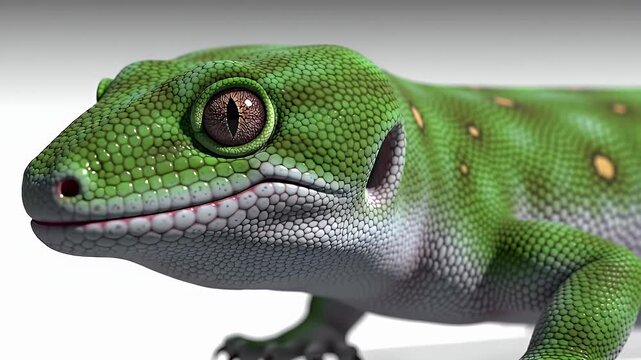Detailed 3D Animation of a Gold Dust Day Gecko Close Up Featuring Vibrant Green Skin and Yellow Spots on a Clean White Background Perfect for Nature and Educational Projects and Wildlife Presentation