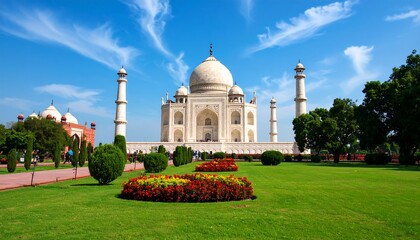 Expansive view of an ivory-white monument with symmetrical architecture, set against a vibrant blue sky and lush green gardens