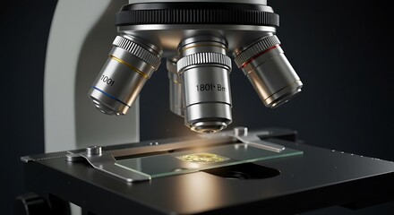 Fototapeta premium Close-up of a high-end microscope with a glass slide under the lens. Studio lighting enhances clarity and realism.