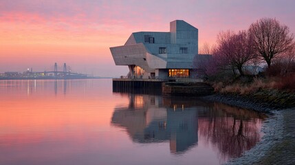 Obraz premium Modern building at dawn, river reflection