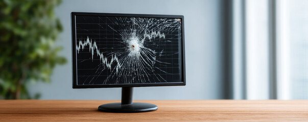 cracked monitor displays a chaotic financial chart, highlighting market volatility against a modern workspace backdrop.