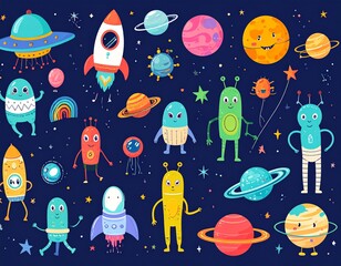Space hand drawn cartoon vector illustrations set. Doodle ufo, monsters, planets 