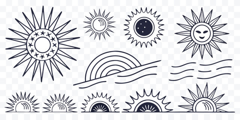 Collection of line art style sun illustrations sun designs sunrise and sunset linear drawings featuring various representations of the sun and oceans