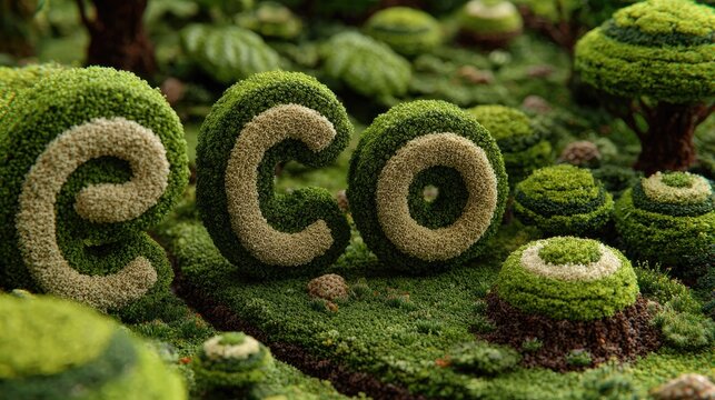 Lush green sculpted letters "ECO" nestled in a miniature forest