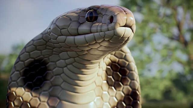 Detailed Close-Up of a Cobra's Head and Neck Featuring Intricate Scale Patterns with Soft Natural Outdoor Background Eye Level Capture Showing the Wildlife in its Natural Habitat with Clear Focus 4K