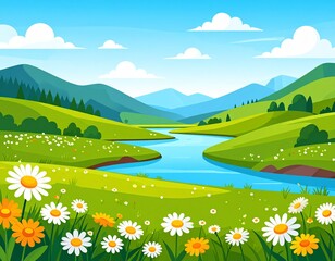 Fototapeta premium Landscape of daisies. Beautiful natural panorama and landscape. Grass and chamomile