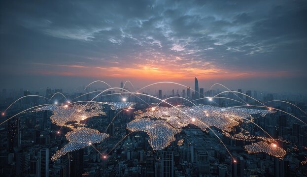 Global network overlaid on cityscape at sunset - Powered by Adobe