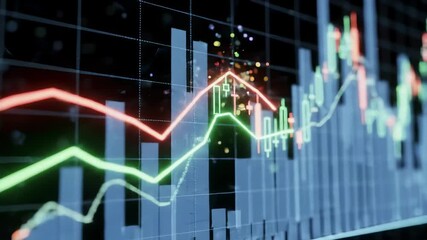 Digital stock market chart with glowing lines and moving data points showing financial growth and decline, business footage. - Powered by Adobe