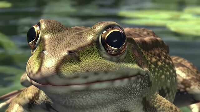 Detailed Close Up of a Green and Brown Common Frog Portrait with Big Black Eyes in a Pond Surrounded by Green Lily Pads Under Natural Lighting Wildlife Beauty Captivating Animal Video Stock