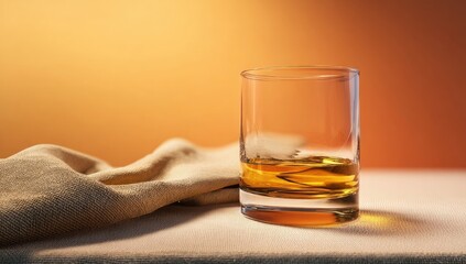 A glass of amber liquid sits on a table beside a beige cloth